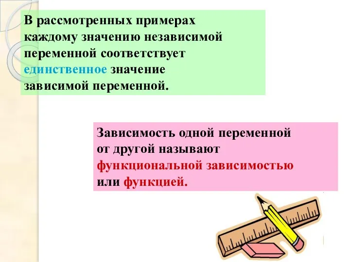 В рассмотренных примерах каждому значению независимой переменной соответствует единственное значение зависимой