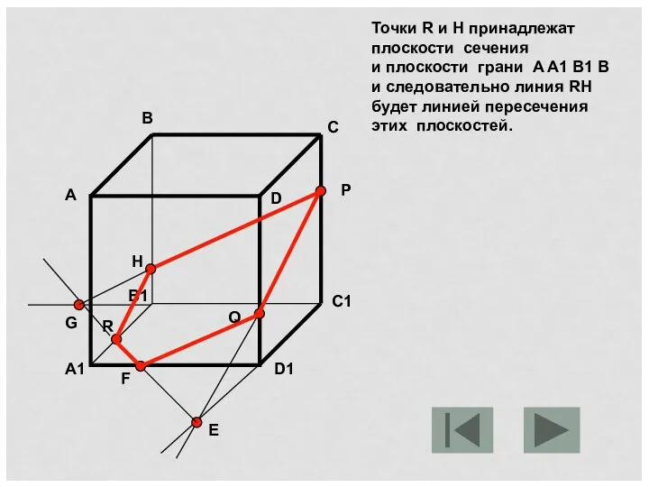 Точки R и H принадлежат плоскости сечения и плоскости грани A