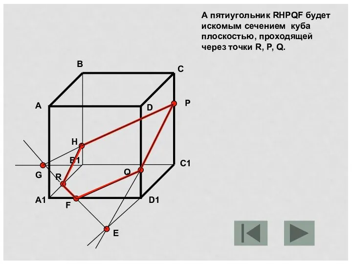 А пятиугольник RHPQF будет искомым сечением куба плоскостью, проходящей через точки