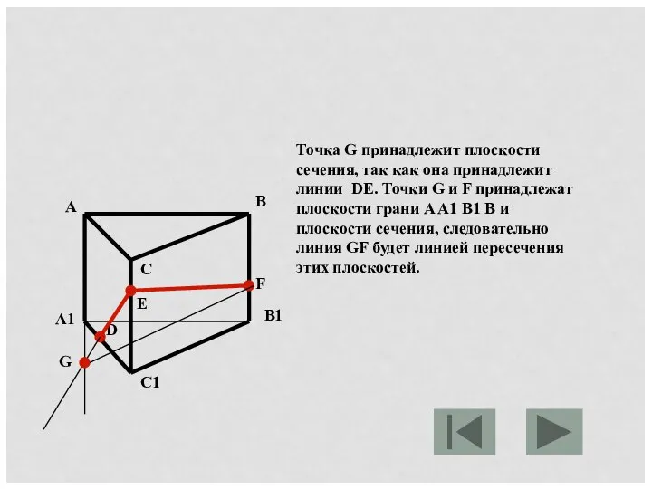 Точка G принадлежит плоскости сечения, так как она принадлежит линии DE.