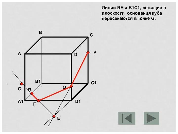 Линии RE и B1C1, лежащие в плоскости основания куба пересекаются в