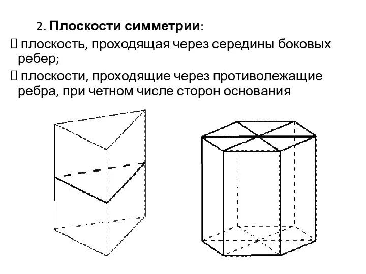 2. Плоскости симметрии: плоскость, проходящая через середины боковых ребер; плоскости, проходящие