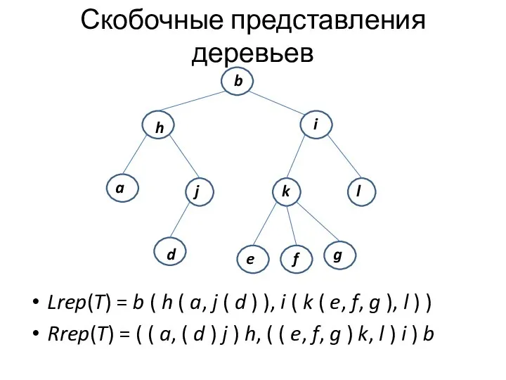 Скобочные представления деревьев Lrep(T) = b ( h ( a, j