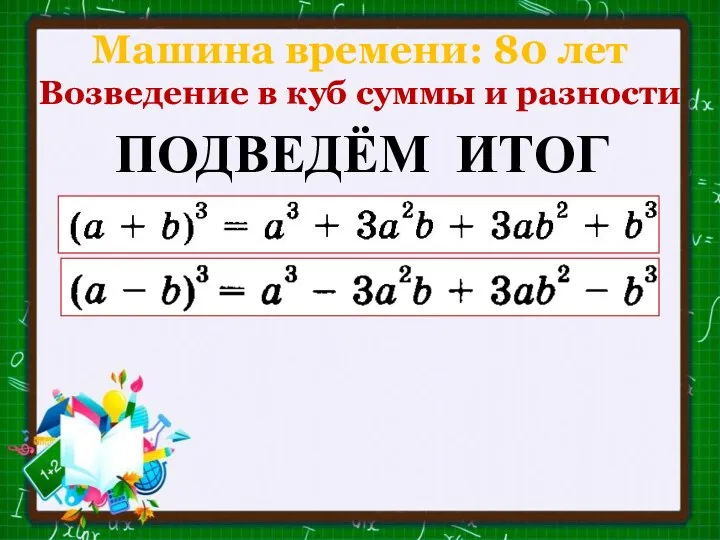 Машина времени: 80 лет Возведение в куб суммы и разности ПОДВЕДЁМ ИТОГ