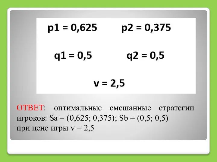 ОТВЕТ: оптимальные смешанные стратегии игроков: Sa = (0,625; 0,375); Sb =