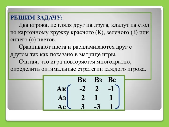 РЕШИМ ЗАДАЧУ: Два игрока, не глядя друг на друга, кладут на