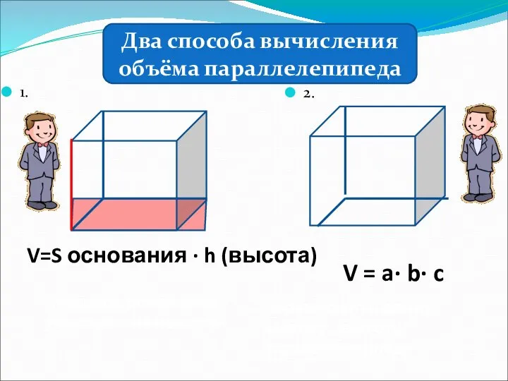 1. 2. Два способа вычисления объёма параллелепипеда Площадь основания умножить на