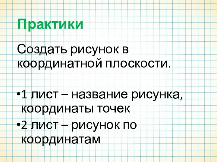 Практики Создать рисунок в координатной плоскости. 1 лист – название рисунка,