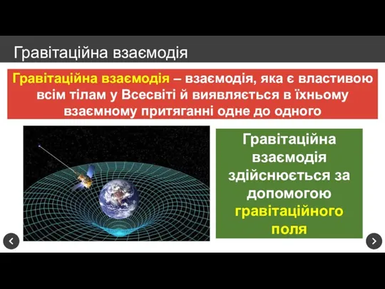 Гравітаційна взаємодія Гравітаційна взаємодія – взаємодія, яка є властивою всім тілам