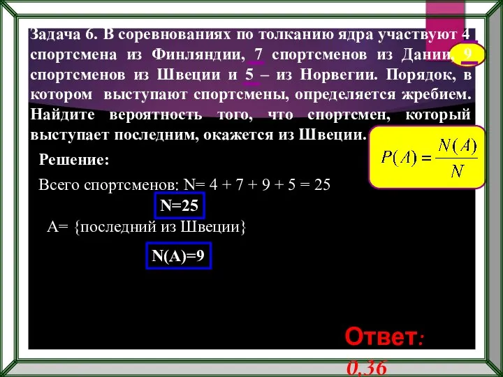 Задача 6. В соревнованиях по толканию ядра участвуют 4 спортсмена из