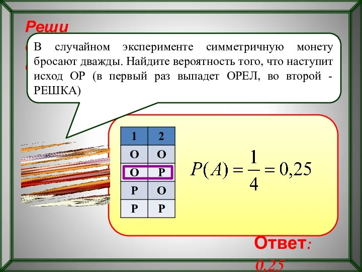 Реши самостоятельно! В случайном эксперименте симметричную монету бросают дважды. Найдите вероятность