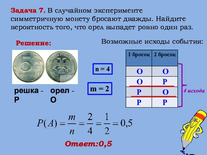 Задача 7. В случайном эксперименте симметричную монету бросают дважды. Найдите вероятность