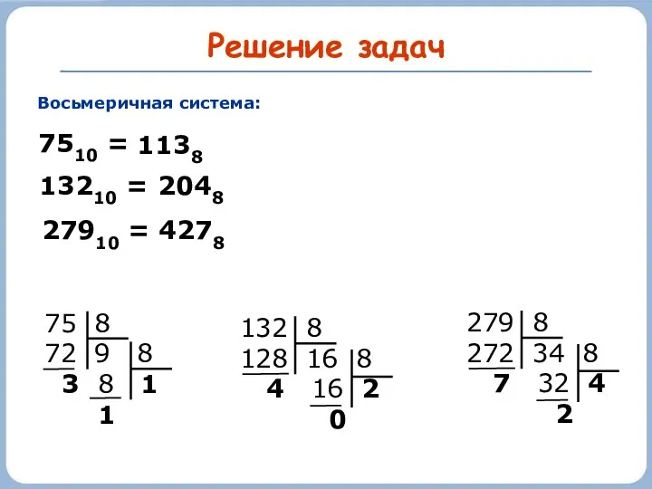 Решение задач Восьмеричная система: 7510 = 132 8 128 16 8