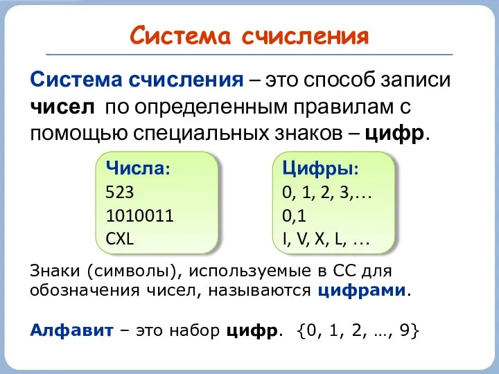 Система счисления Система счисления – это способ записи чисел по определенным