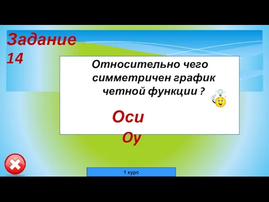 Задание 14 Относительно чего симметричен график четной функции ? Оси Oy 1 курс