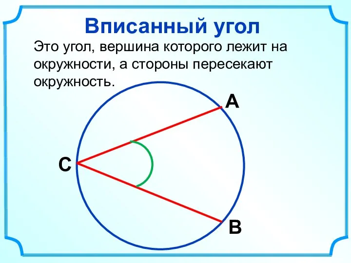 Вписанный угол Это угол, вершина которого лежит на окружности, а стороны пересекают окружность. С А В