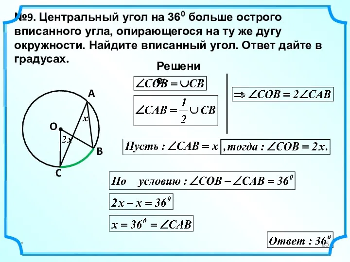 * №9. Центральный угол на 360 больше острого вписанного угла, опирающегося