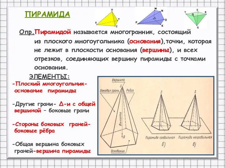 ПИРАМИДА Опр.Пирамидой называется многогранник, состоящий из плоского многоугольника (основания),точки, которая не