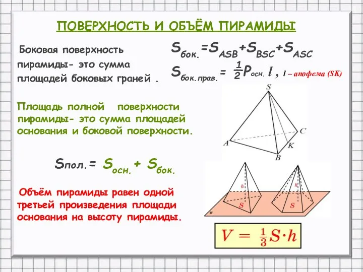 Боковая поверхность пирамиды- это сумма площадей боковых граней . Площадь полной