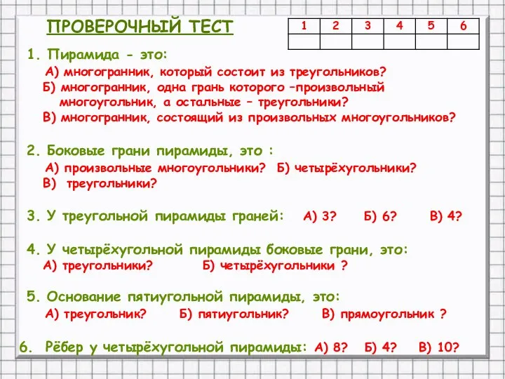 1. Пирамида - это: А) многогранник, который состоит из треугольников? Б)