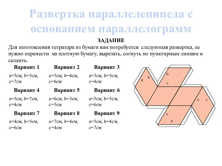 Развертка параллелепипеда с основанием параллелограмм ЗАДАНИЕ Для изготовления тетраэдра из бумаги