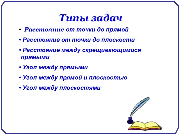 Типы задач Расстояние от точки до прямой Расстояние от точки до