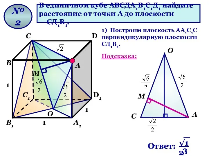 В единичном кубе АВСДА1В1С1Д1 найдите расстояние от точки А до плоскости