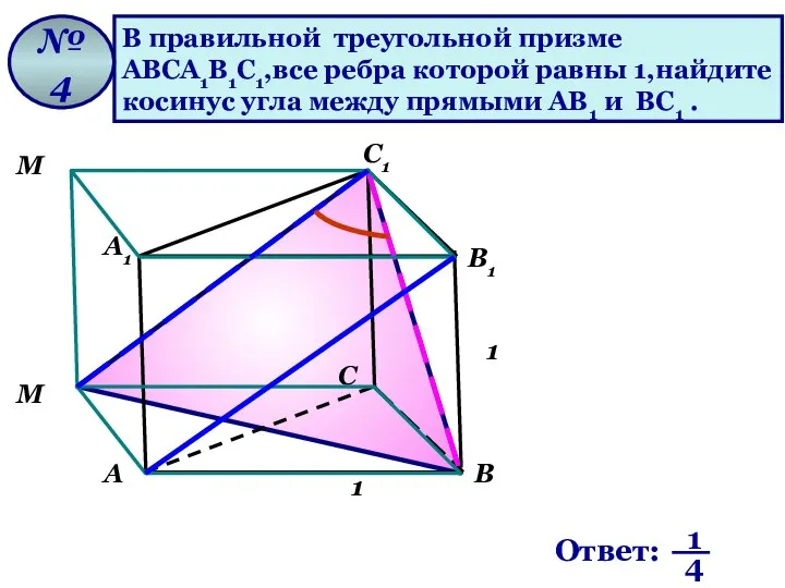 В правильной треугольной призме ABCA1B1C1,все ребра которой равны 1,найдите косинус угла