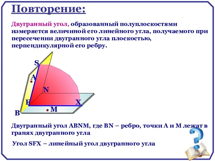 Повторение: Двугранный угол, образованный полуплоскостями измеряется величиной его линейного угла, получаемого