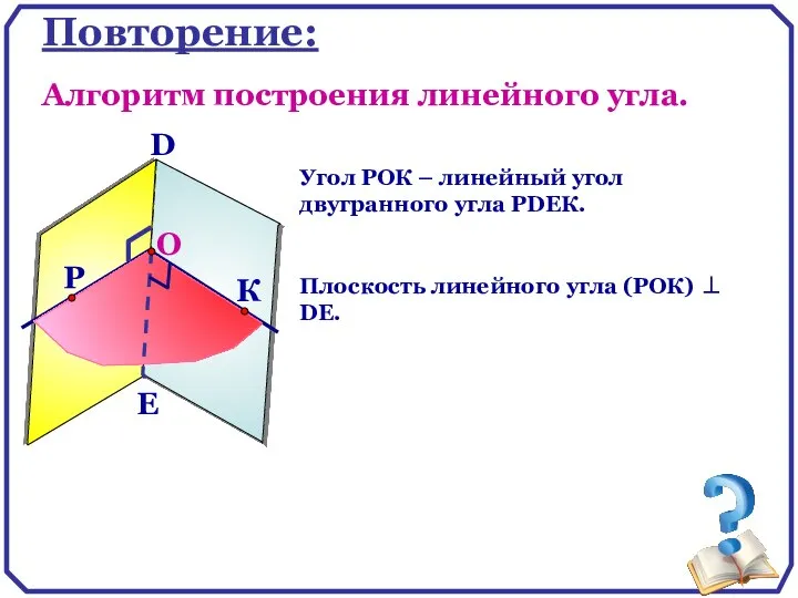 Повторение: Алгоритм построения линейного угла. D E Угол РОК – линейный