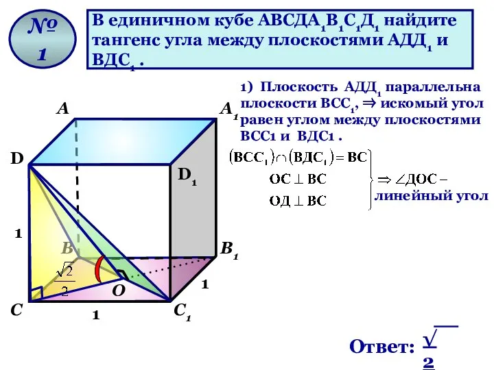 В единичном кубе АВСДА1В1С1Д1 найдите тангенс угла между плоскостями АДД1 и