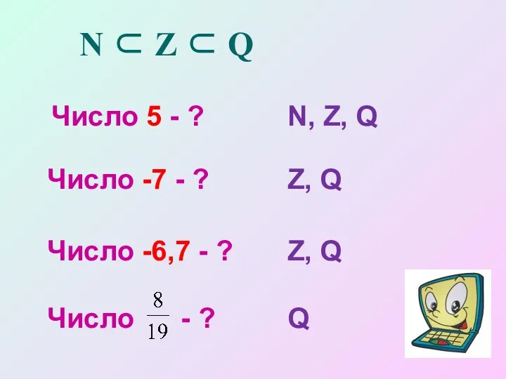 N ⊂ Z ⊂ Q Число 5 - ? N, Z,