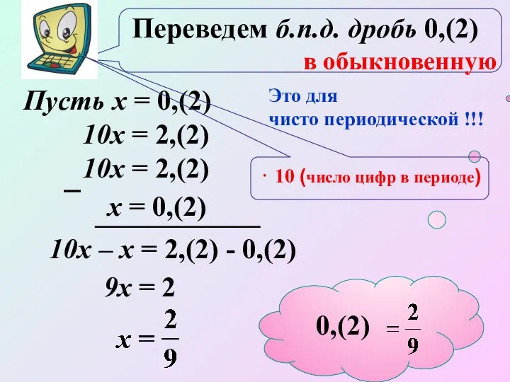 Пусть х = 0,(2) 10х = 2,(2) х = 0,(2) 10х