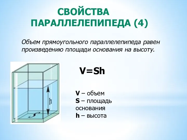 СВОЙСТВА ПАРАЛЛЕЛЕПИПЕДА (4) Объем прямоугольного параллелепипеда равен произведению площади основания на