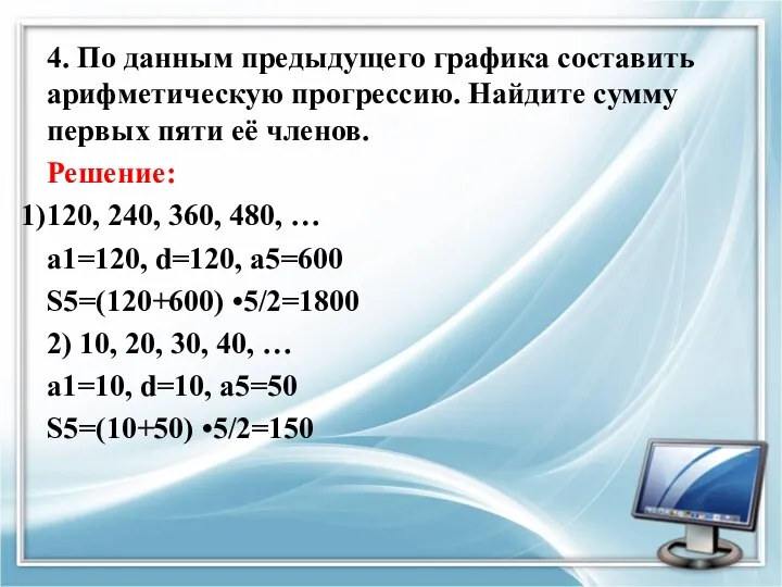 4. По данным предыдущего графика составить арифметическую прогрессию. Найдите сумму первых