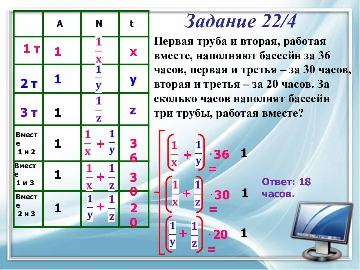 Первая труба и вторая, работая вместе, наполняют бассейн за 36 часов,