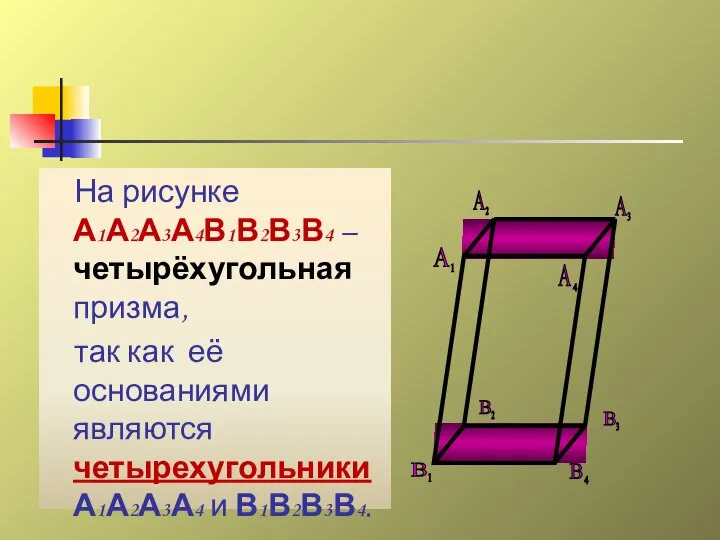 На рисунке А1А2А3А4В1В2В3В4 – четырёхугольная призма, так как её основаниями являются четырехугольники А1А2А3А4 и В1В2В3В4.