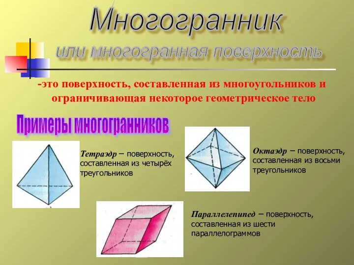 Многогранник или многогранная поверхность это поверхность, составленная из многоугольников и ограничивающая