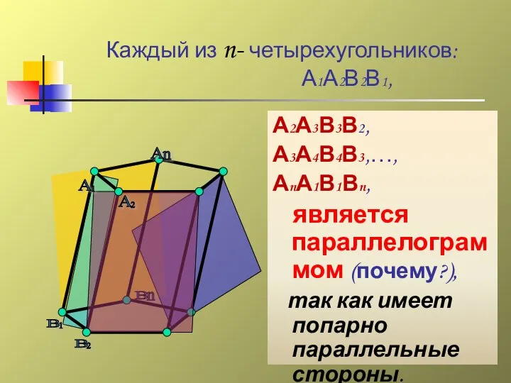 Каждый из n- четырехугольников: А1А2В2В1, А2А3В3В2, А3А4В4В3,…, АnА1В1Вn, является параллелограммом (почему?),