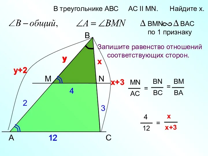 y+2 12 A B N В треугольнике АВС AC II MN.