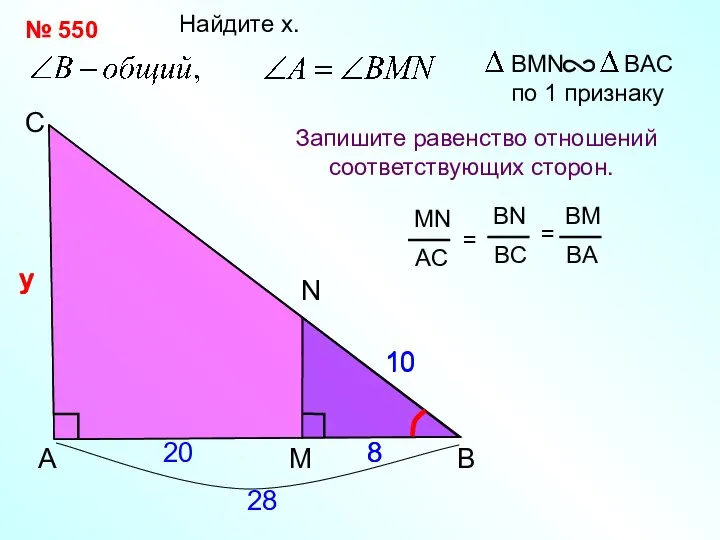 у 20 A С N Найдите x. Запишите равенство отношений соответствующих