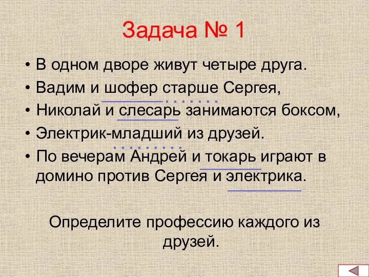 Задача № 1 В одном дворе живут четыре друга. Вадим и