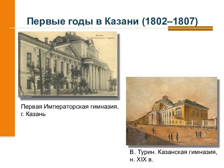 Первые годы в Казани (1802–1807) В. Турин. Казанская гимназия, н. XIX