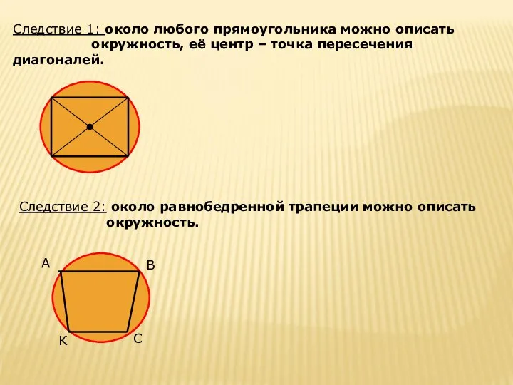 Следствие 1: около любого прямоугольника можно описать окружность, её центр –