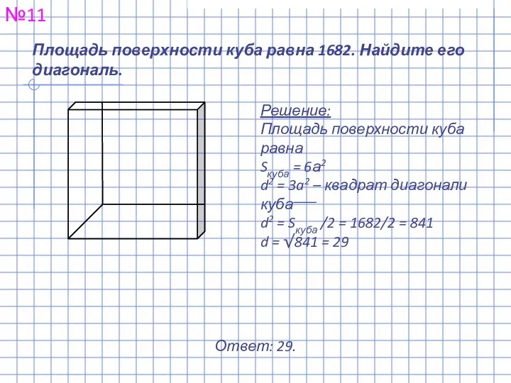 Площадь поверхности куба равна 1682. Найдите его диагональ. №11 Решение: Площадь