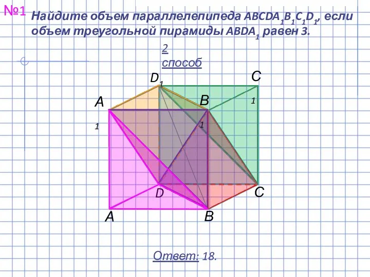 Найдите объем параллелепипеда ABCDA1B1C1D1, если объем треугольной пирамиды ABDA1 равен 3. №1 Ответ: 18. 2 способ