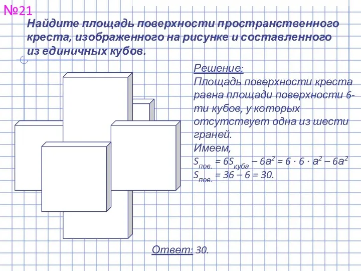 Найдите площадь поверхности пространственного креста, изображенного на рисунке и составленного из