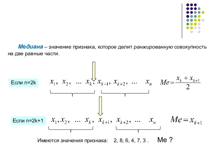 Медиана – значение признака, которое делит ранжированную совокупность на две равные