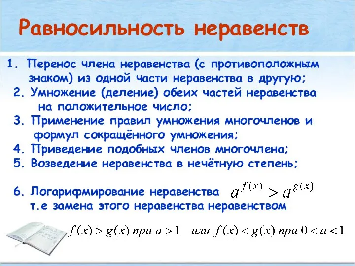 Равносильность неравенств Перенос члена неравенства (с противоположным знаком) из одной части