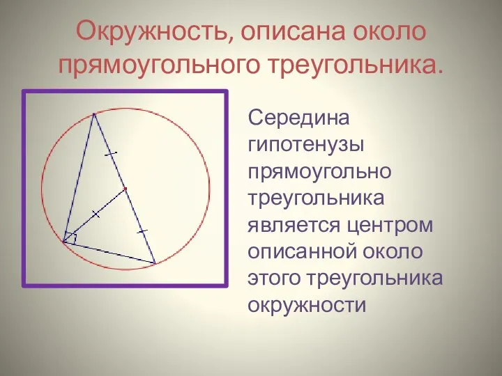 Окружность, описана около прямоугольного треугольника. Середина гипотенузы прямоугольно треугольника является центром описанной около этого треугольника окружности